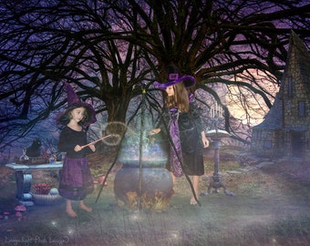 Witch's Cauldron - 2 Backgrounds Bundle | Magical Full Moon | Halloween Digital Background | Digital Backdrop Instant Download