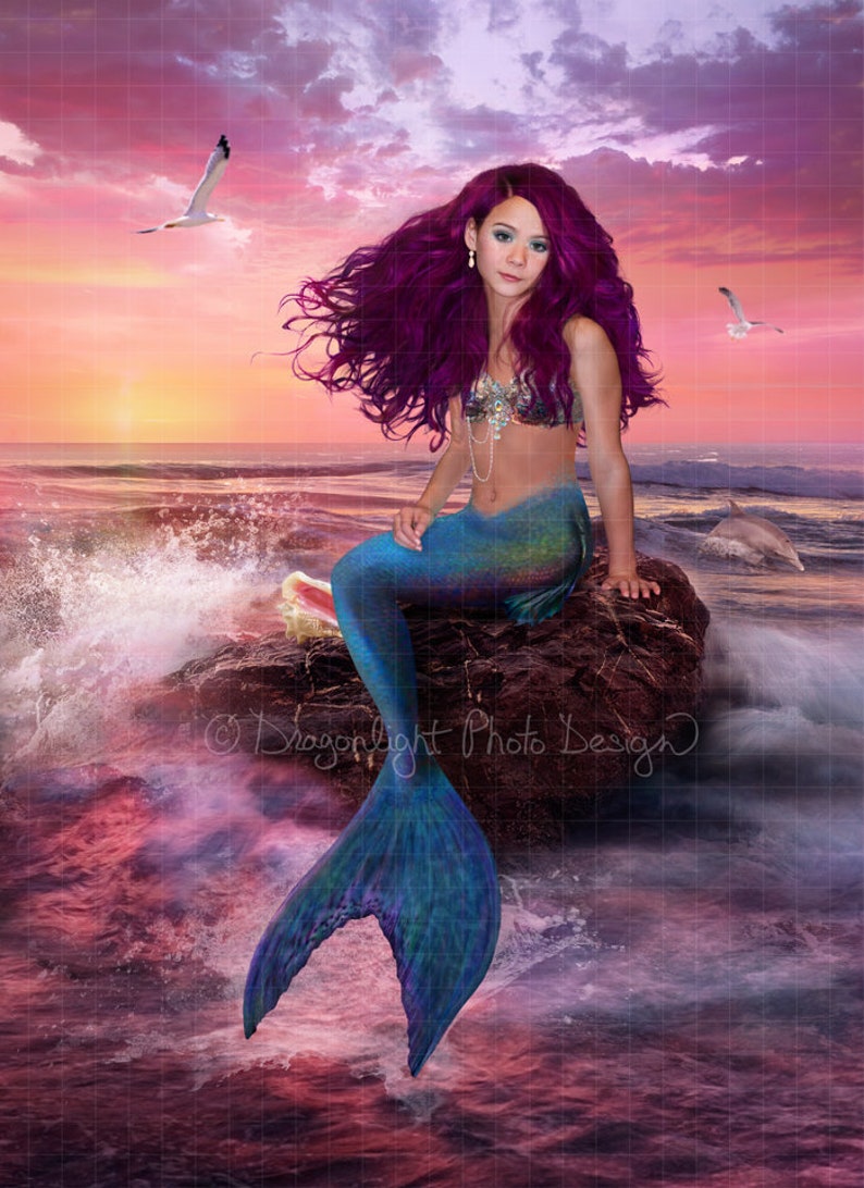Mermaid Rock Sunset with Splash Mermaid Ocean Mermaid Digital Background Mermaid Digital Backdrop Instant Download image 1