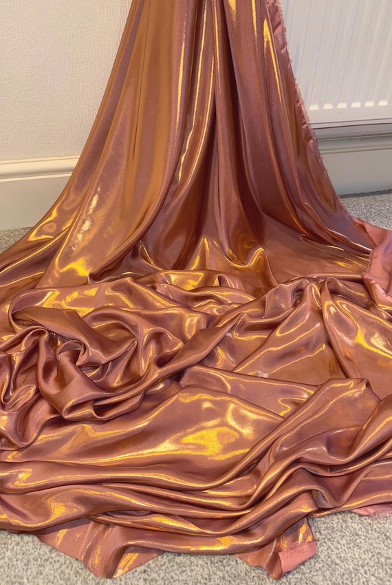 1 Meter Dusty Pink Gold Wet Look Shimmer Satin Fabric Bridal Dress Evening  58 Wide