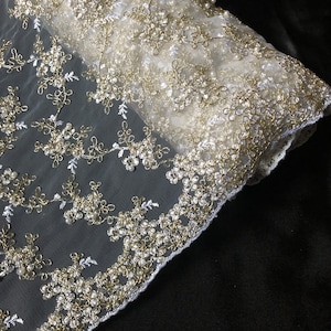 1 Meter White/Gold Scalloped Pearl Beaded Bridal Lace Fabric 58” Wide Dress Party