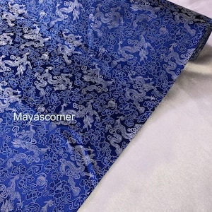 1 Meter Blue/Silver Chinese Dragon Design Brocade Fabric 45” Wide Dress Upholstery Decorations