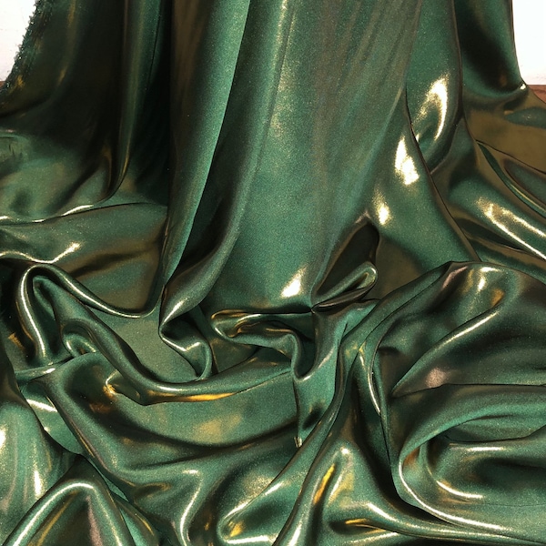 1 Meter Bottle Green Gold Wet Look Shimmer Satin Fabric Bridal Dress Evening 58” Wide