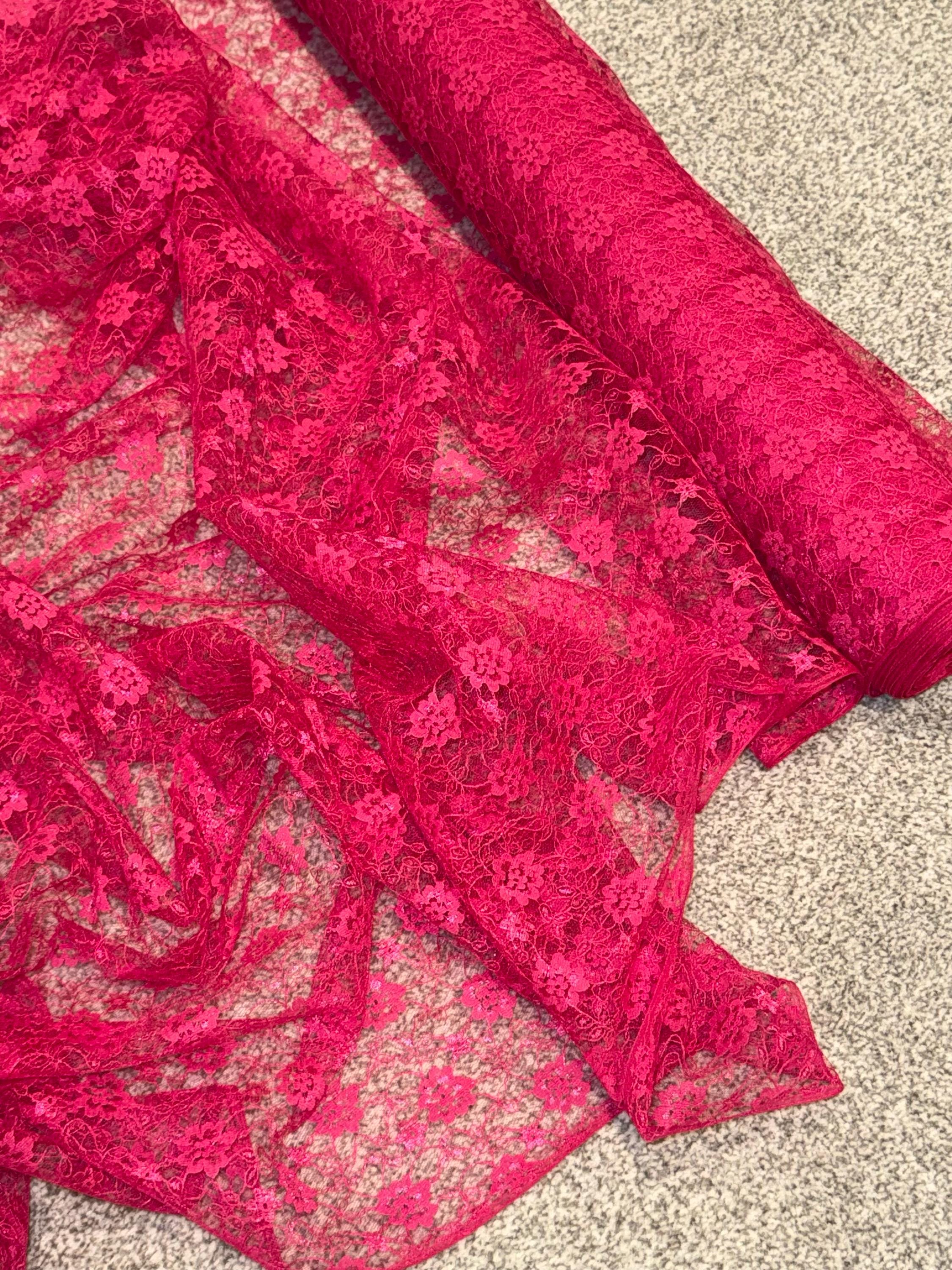 Lace Net Material 1 Meter Hot Pink Floral Non Stretch Lace Net Fabric 45” Wide ...