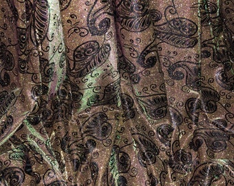 1 MTR Antique gold Sparkly Two Tone Paisley Print Stretch Moonlight Fabric 58”Wide Dress Decorations
