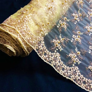 Yellow/Gold Scalloped Pearl Beaded Bridal Lace Fabric 44” Wide Dress By the meter