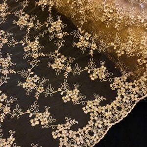 1 Meter Antique Gold Scalloped Pearl Beaded Bridal Lace Fabric 44” Wide Dress