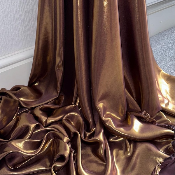 1 Meter Brown Gold Wet Look Shimmer Satin Fabric Bridal Dress Evening 58” Wide