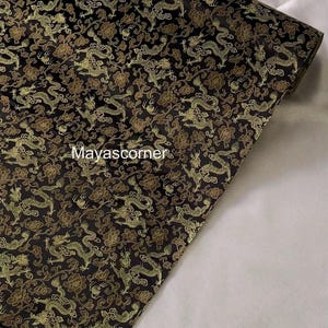 Tessuto broccato con motivo drago cinese nero/oro da 1 metro, larghezza 45", decorazioni per tappezzeria di abiti