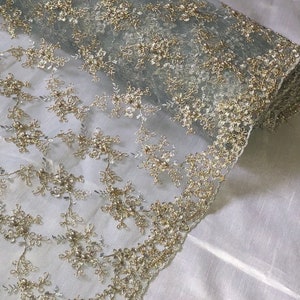 1 Meter Silver Grey/Gold Scalloped Pearl Beaded Bridal Lace Fabric 58” Wide Dress