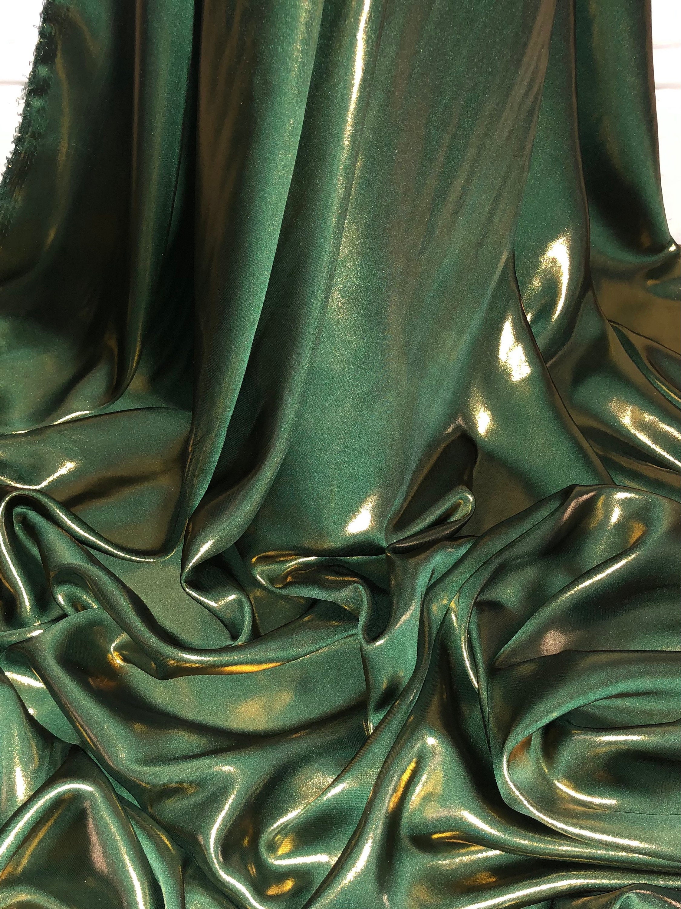 Bottle Green Gold Shimmer Satin Fabric, 58