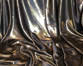 1 Meter Shiny Black/Gold Wet Look Shimmer Satin Fabric Bridal Dress Evening 58” Wide