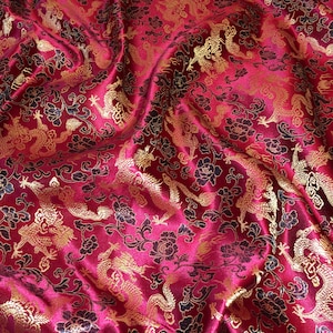 1 Meter Maroon Chinese Dragon Design Brocade Fabric 45” Wide Dress Upholstery Decorations
