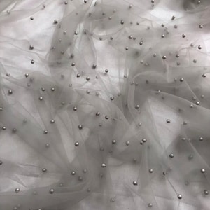 1 Meter Silver Grey Elegant Soft Pearl Beaded Bridal Tulle Net 60” Wide Lace Dress Scarves Wedding