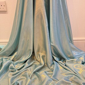 1 Meter Shiny Sky Blue/Gold Wet Look Shimmer Satin Fabric Bridal Dress Evening 58” Wide