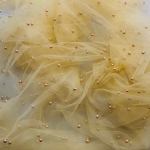 Yellow Soft Pearl Beaded Bridal Lace Fabric Tulle Net 60 inches Wide Dress Scarves White 1 Meter