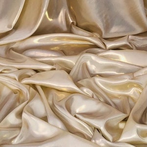 1 Meter Shiny Cream/Gold Wet Look Shimmer Satin Fabric Bridal Dress Evening 58” Wide