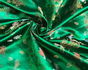 1 Meter Emerald Green Chinese Dragon Design Brocade Fabric 36” Wide Dress Upholstery Decorations