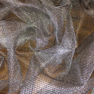 1 Meter Silver Sparkly Metallic Fish Net Chain Mail Mesh Fabric 58” Wide