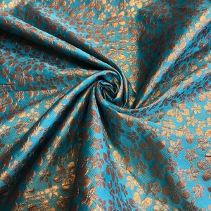 1 Meter Turquoise/Gold Floral Design Banarsi Metallic Brocade Fabric 50”Wide