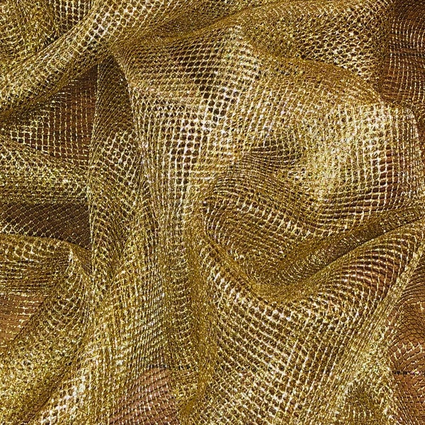 1 Meter Gold Sparkly Metallic Fish Net Chain Mail Mesh Fabric 58” Wide