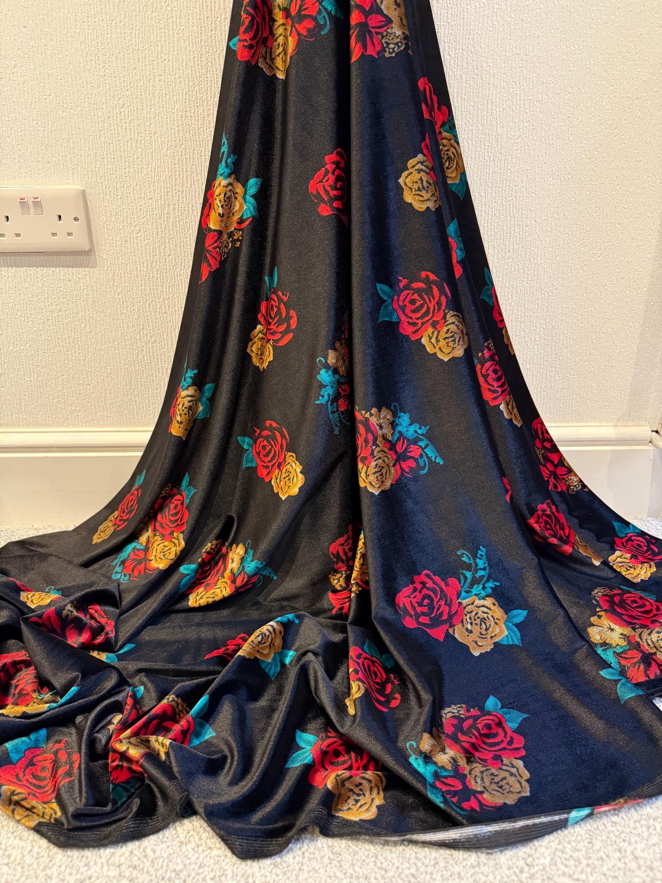 1 Meter Roses 1 Meter Black Roses Design Stretch Velvet Velour Fabric 58” Wide Dress ...