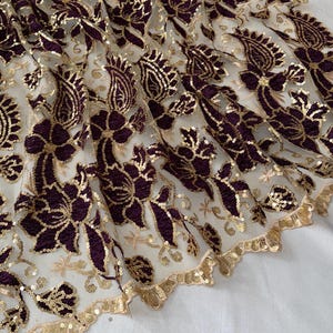 1 Meter Plum/Gold Embroidered Sequin floral Paisley Bridal Lace Fabric 50”Wide Net Tulle