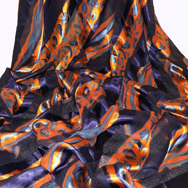 1 Meter Navy/Rust Animal Print Chiffon Fabric 58” Wide Semi Transparent Dress Scarf Material