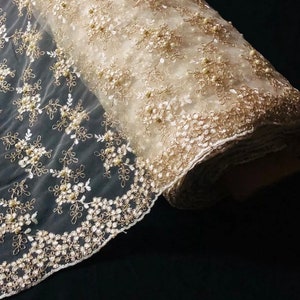 1 Meter Cream/Gold Scalloped Pearl Beaded Bridal Lace Fabric 58” Wide Dress