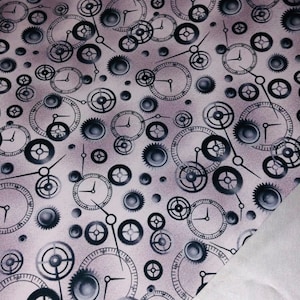 1 Meter Lilac Steam Punk Cog Wheels Clocks Print 100% Pure Cotton Fabric 45” Wide Dress Crafts Face Mask