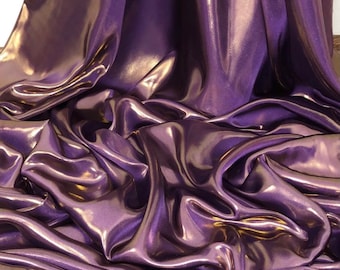 1 Meter Shiny Plum/Gold Wet Look Shimmer Satin Fabric Bridal Dress Evening 58” Wide