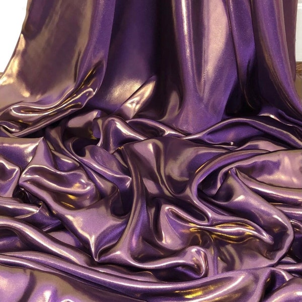 1 Meter Shiny Plum/Gold Wet Look Shimmer Satin Fabric Bridal Dress Evening 58” Wide