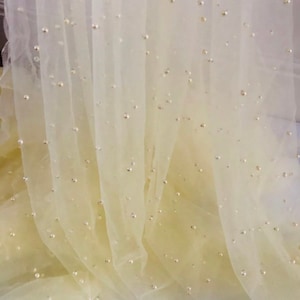 1 Meter Lemon Yellow Elegant Soft Pearl Beaded Bridal Tulle Net 60” Wide Lace Dress Scarves Wedding
