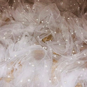 White Elegant Soft Pearl Beaded Bridal Lace Fabric Tulle Net 60” Wide Dress Scarves