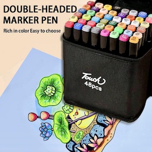 May include: A black case containing 48 double-ended marker pens with coloured caps. The text reads "DOUBLE-HEADED MARKER PEN" and "Rich in color Easy to choose". The pens are arranged in rows, with each cap a different colour.