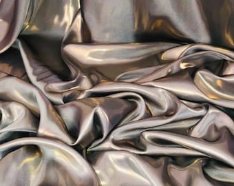 1 Meter Shiny Silver Grey/Gold Wet Look Shimmer Satin Fabric Bridal Dress Evening 58” Wide