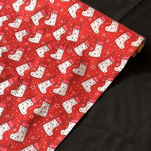 1 Meter White/Red Christmas Stockings Print Poly cotton Fabric 45” Wide Dress Crafts Face Mask