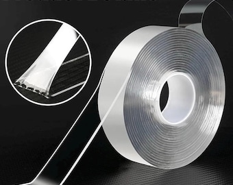 May include: A roll of clear, double-sided adhesive tape. The tape is transparent and appears to be strong. The words "Product Details" are in white text at the top of the image. A close-up shows the tape's adhesive quality.