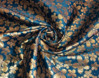 1 Meter Teal/Gold Floral Design Banarsi Metallic Brocade Fabric 50”Wide