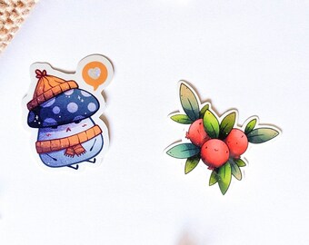 Snow Mushroom and Cranberry Sticker | Holiday Gift | Vinyl Sticker | Mushroom | Cranberry | Cute Art | Weatherproof | Waterproof | Winter