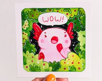 Mini Axolotl Print 3x3 | Axolotl Art | Illustration Print | Watercolor Art | Traditional Art | Kawaii Art | Cute Art | Gift for Friend
