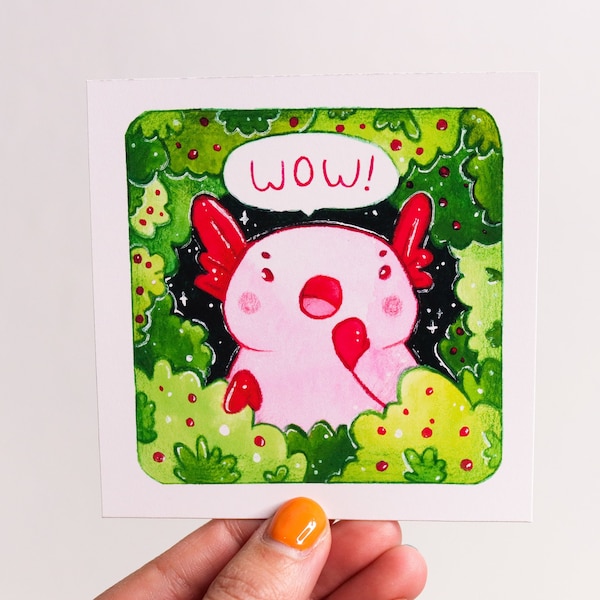 Mini Axolotl Print 3x3 | Axolotl Art | Illustration Print | Watercolor Art | Traditional Art | Kawaii Art | Cute Art | Gift for Friend