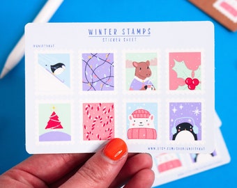 Winter Stamp Sticker Sheet | Polar Bear Art | Holiday Sticker | Winter Art | Winter Stickers | Stamp Art | Weatherproof Sticker | Kawaii