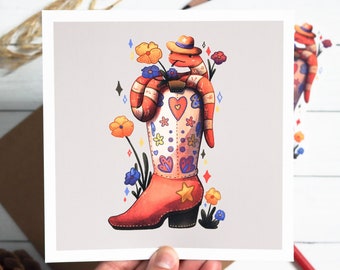 Snake In A Boot Print | Snake Art | Cute Print | Cowboy Print | Cowgirl Print | Snake with Hats | Reptile Art | Reptile Print