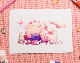 Cute Monster Parade Print | Cute Art | Kawaii | Illustration | Matte Print | Art Print | Pink | Kniftykat | Parade