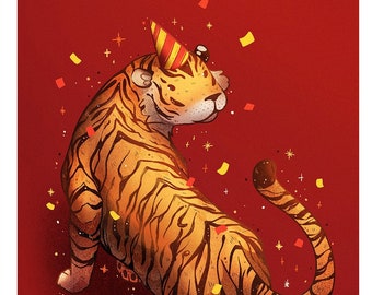 Party Hat Tiger 4x6 Print | Wild Cat Art | Year of the Tiger Art | Cute Illustration | Cat Illustration | Cat Print | Cat Wall Art