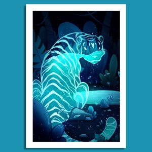 Blue Water Tiger Print | 4x6 | Tiger Illustration | Wild Cat Artwork | Big Cat Art | Wall Art