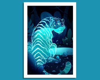 Blue Water Tiger Print | 4x6 | Tiger Illustration | Wild Cat Artwork | Big Cat Art | Wall Art