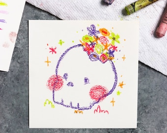 Blushing Skull - ORIGINAL | 5x5 Drawing | Chalk Pastels | Pastel Colors | Flowers and Sparkles | Cute Painting | Kawaii Art