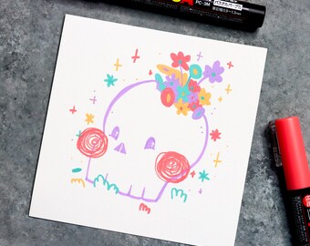 Blushing Skull - ORIGINAL | 5x5 ORIGINAL Drawing | Pastel | Posca Markers | Flowers and Sparkles | Cute Painting | Kawaii Art