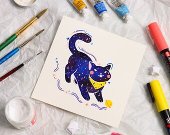 Cosmos Cat Painting | 5x5 | Cute Art | Traditional Watercolor Painting | Galaxy Art | Feline Lovers | Original Art |